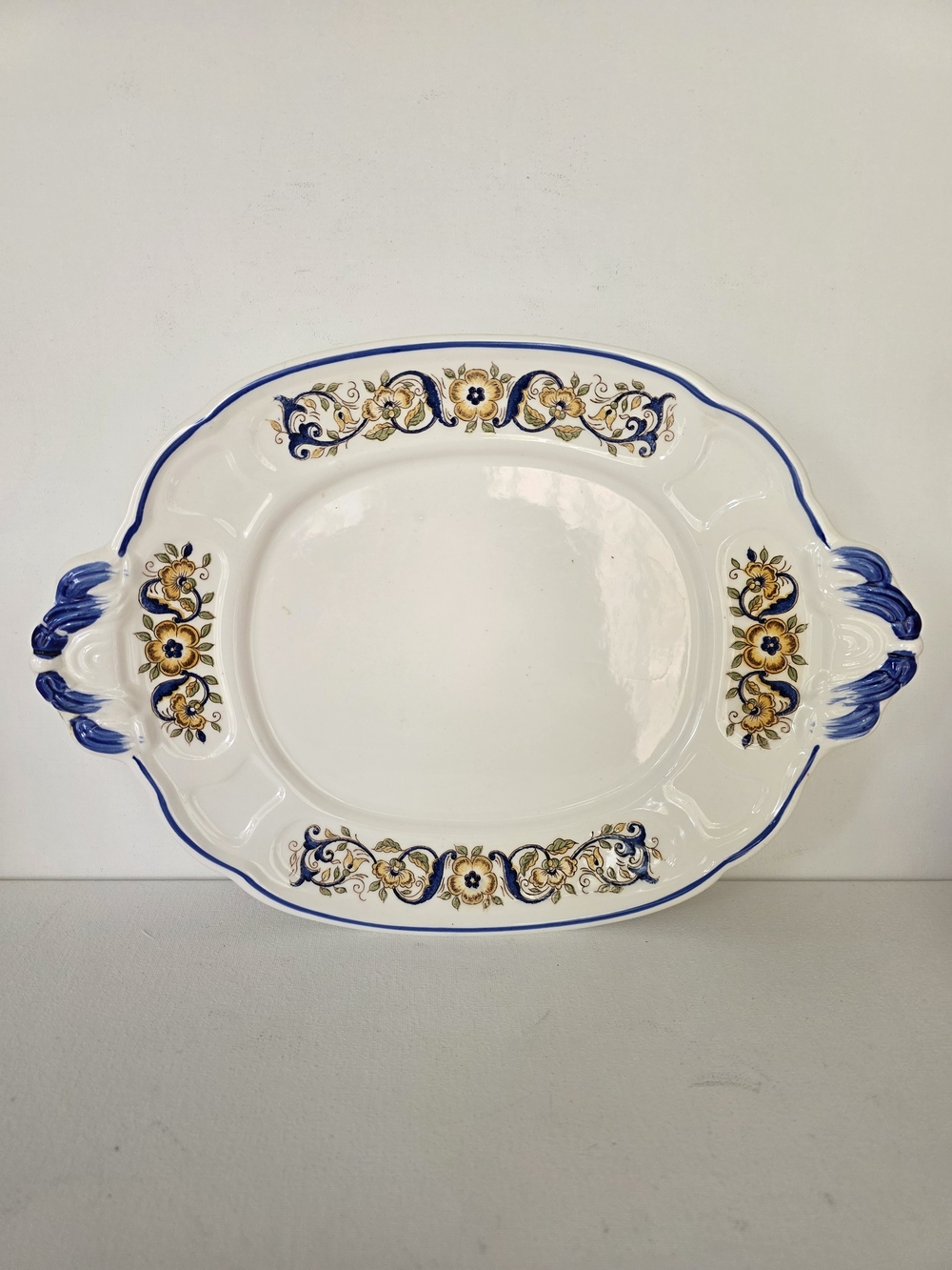 Hand-Painted Ceramic Serving Platter with Blue and Gold Floral Motif
